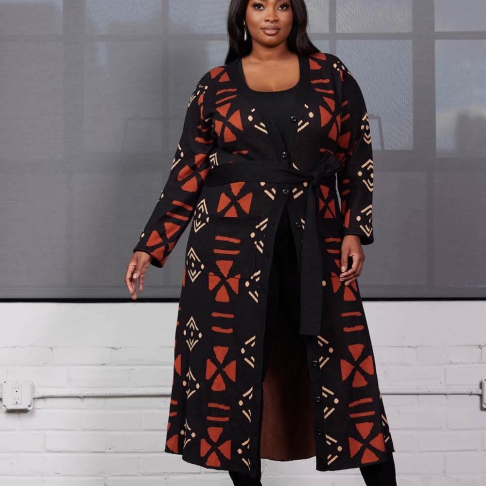 Black and orange Geometric Patterned Long Cardigan